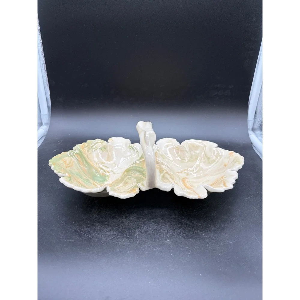 Vintage Marbled Ceramic Double Leaf Serving Dish with Handle Green Peach Cream‎